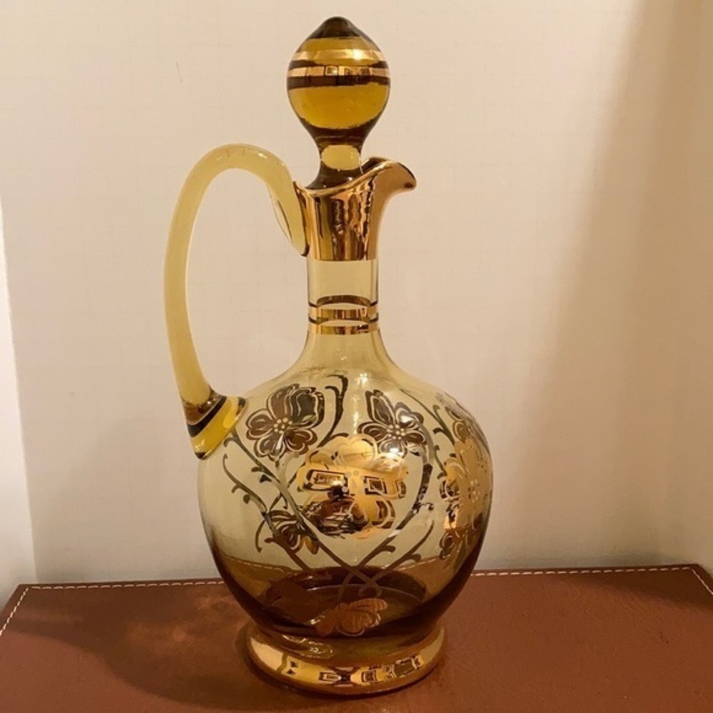 Vintage mid-century gilded and silver overlay floral decanter